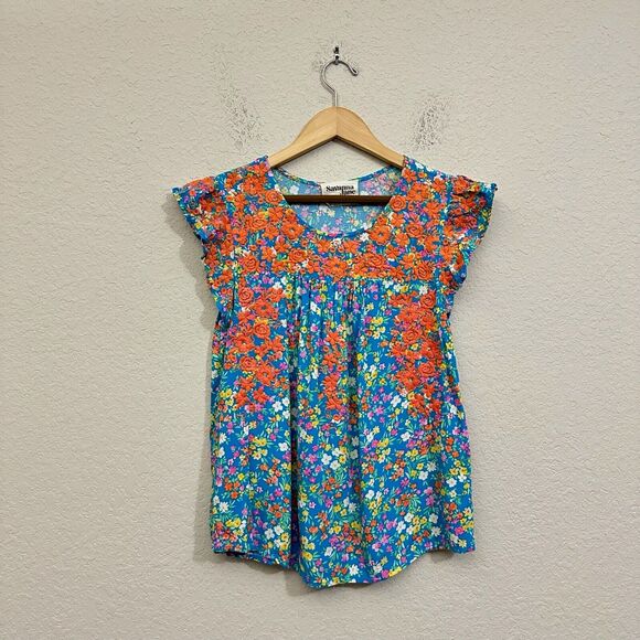 SAVANNA JANE Embroidered Babydoll Top Blue Floral Flutter Sleeve Boho - Picture 1 of 7